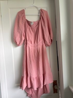 ARULA Pink Gauze Puff-Sleeve Midi Dress